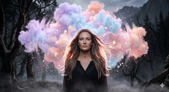 Femme avec une explosion des émotions derrière elle, comme en se debarrasant d'eux.